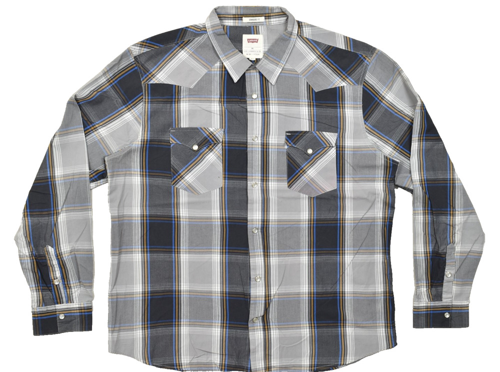 Levi's Mens XXL Standard Fit Western Pearl Snap Plaid Long Sleeve Shirt Grey